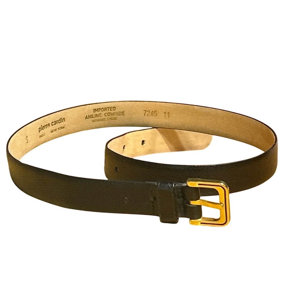VTG Pierre Cardin Kids Black Leather Gold Buckle Aniline‎ Belt Size S 23